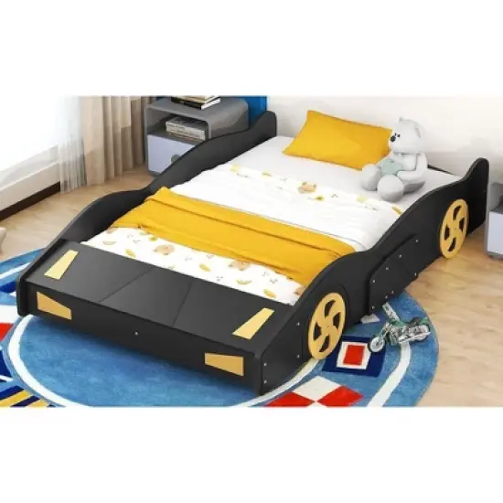 Okak Platform Bed Frame with Wheels and Storage Race Car-Shaped for Kids Noise-Free Bed Strong Wood Slats Easy Assembly image {2}