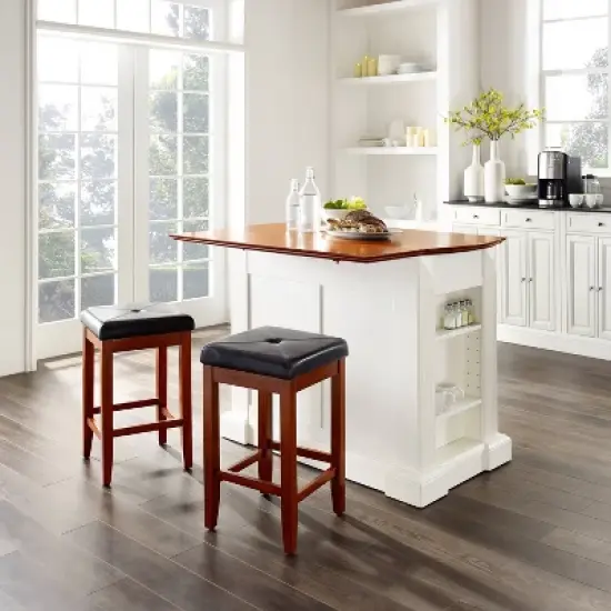 Coventry Drop Leaf Top Kitchen Island with Upholstered Square Stools White - Crosley image {3}