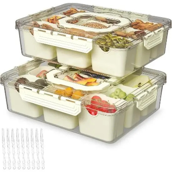 Snackle Box Container, Portable 9-Compartment Snack Box with Lid & Handle, Clear Serving Tray Organizer for Fruit, Candy, Nuts, Veggies, Travel, Party image {7}
