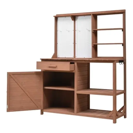 Garden Potting Bench Table Outdoor Patio Workstation with Drawer, Shelves, Cabinet, Pegboard with Hooks, Fir Wood Frame,Natural/White/Brown-ModernLuxe image {8}