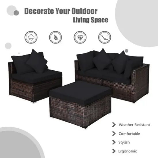 Tangkula 4PCS Rattan Patio Conversation Furniture Set Yard Outdoor w/ Black Cushion image {4}