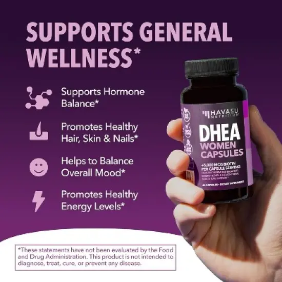 DHEA Supplement for Women with Biotin 5000mcg, DHEA 50mg and Biotin Capsules for Hormone Balance and Hair, Skin, Nail Support, Havasu Nutrition, 60ct image {3}