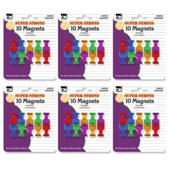 Charles Leonard Push Pin Style Super Strong Strength Magnets, Assorted Colors, 10 Per Pack, 6 Packs image {3}