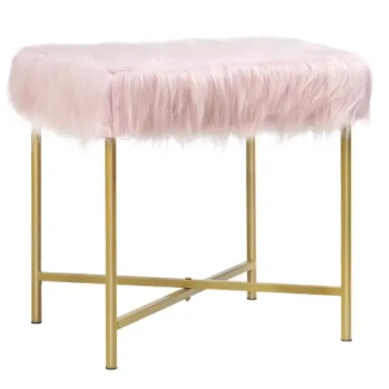 Costway Faux Fake Fur Stool Ottoman Footrest Stool Decorative with Metal Legs GreyPinkWhite image {10}