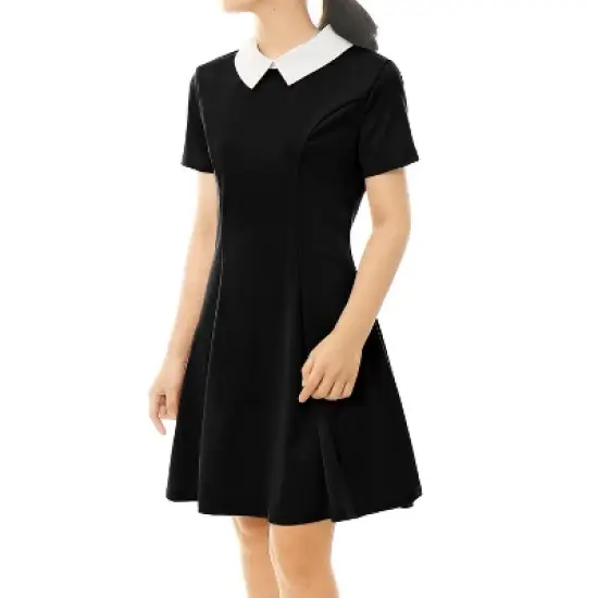 Allegra K Women's Contrast Doll Collar Short Sleeves Above Knee Flare Dress image {1}