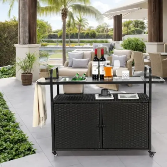 Outdoor Bar Table, Wicker Bar Cart with Cabinet, Patio Serving Cart with steel Top, with a ice bucket, Lockable Wheels, Side Basket image {8}