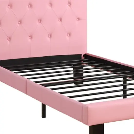 Twin Faux Leather Upholstered Bed with Tufted Headboard Pink - Benzara image {2}