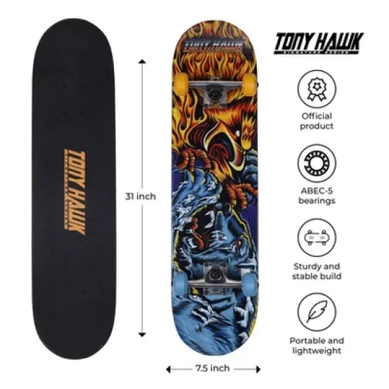 Tony Hawk 31 inch Skateboard, Tony Hawk Signature Series 3, 9-ply Maple Deck Skateboard for Cruising, Carving, Tricks and Downhill, Fire/Ice image {3}