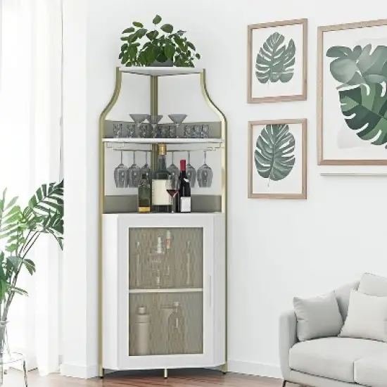 CuisinSmart Corner Wine Bar Cabinet with Detachable Wine Rack, Bar Cabinet with Glass Holder, Small Sideboard and Buffet Cabinet with Mesh Door image {8}