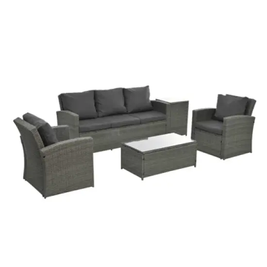 GlasFlength 5PCS Patio Seating Rattan Furniture Set Sectional Sofa Cushioned Garden, Tempered Glass Table, Black, 62.6"*21.65"*10.24" image {1}