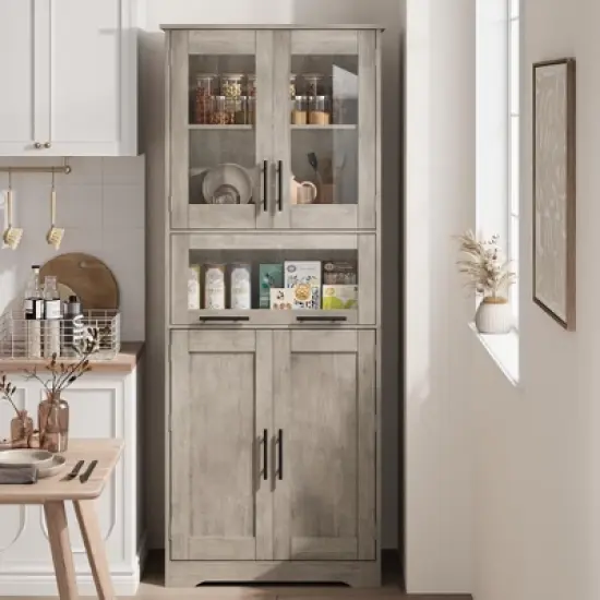 Pantry Cabinet, Tall Bathroom Storage Cabinet with Glass Doors and Adjustable Shelf, Freestanding Cupboard Tall Linen Cabinets image {10}