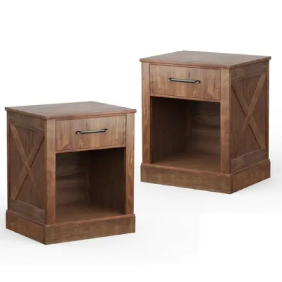 Costway 2PCS Nightstand with Drawer and Shelf Rustic Wooden Bedside Table Bedroom Brown / Natural / Black image {11}