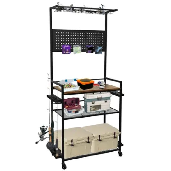 Fishing Rod Holders for Garage, Fishing Rod Storage Rack with Hooks & Wheels, Baker's Racks, Fish Pole Stand Organizer with Pegboard for Fishing Gear image {7}