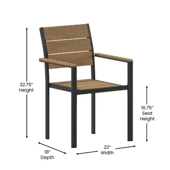 Emma and Oliver Outdoor Stacking Side Chair with Faux Teak Poly Slat Seat, Back and Arms and Metal Frame image {6}
