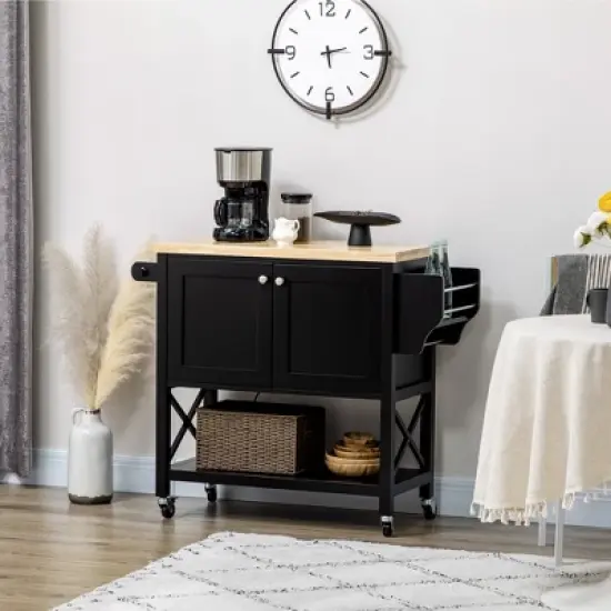 HOMCOM Rolling Kitchen Island on Wheels, Utility Serving Cart with Rubberwood Top, Towel Rack, Spice Rack and Storage Cabinet image {1}