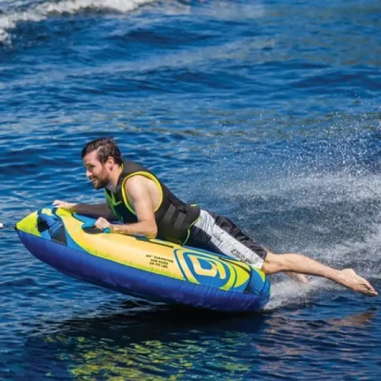 O'Brien Watersports Screamer 1 Person 60 Inch Round Towable Inflatable Water Sport Ride On Tube w/ Comfort Grips for Ocean or Lake, Blue & Yellow image {2}