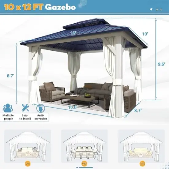 EROMMY 10' X 12' Hardtop Gazebo with Galvanized Steel Roof, All-Season Aluminum Outdoor Pergola with Netting & Curtains image {10}