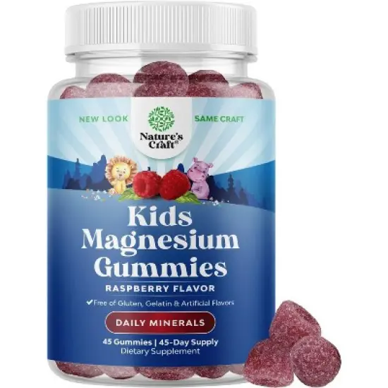 Kids Magnesium Gummies, Calm Relaxing Mag Citrate Supplement, Nerve Health, Muscles & Heart Support, Nature's Craft, Raspberry Flavor, 45 or 90ct image {10}