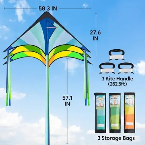 SYNCFUN 3 Packs Large Delta Kite Green, Blue and Rainbow, Easy to Fly Huge Kites for Kids with 262.5 ft Kite String for Outdoor Games image {5}