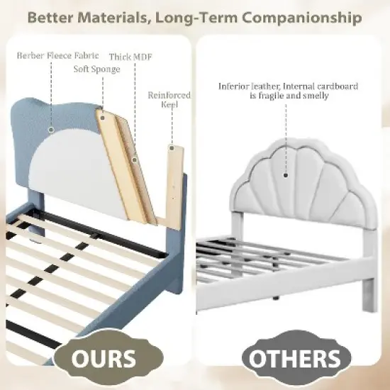 Upholstered Kids Bed Frame with Adjustable Scalloped Headboard, Cute Velvet Princess Platform Bed for Girls, Solid Wood Slats Support image {5}
