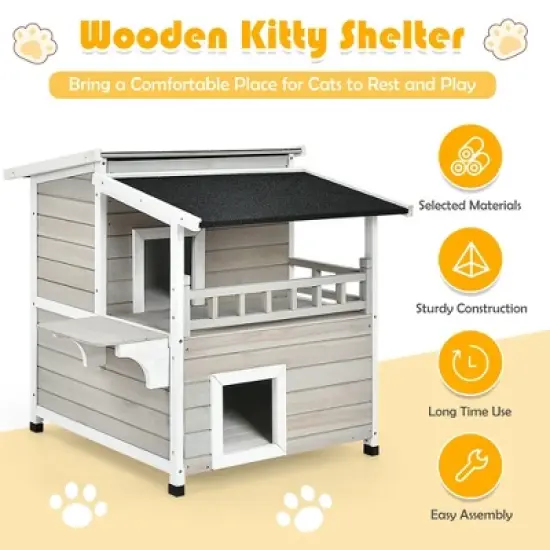 Costway 2-Story Wooden Patio Luxurious Cat Shelter House Condo w/ Large Balcony image {6}