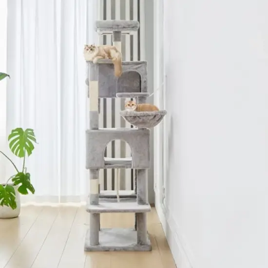 JIONJOY 66" Multi-Level Cat Tree - 2 Large Condos, Sisal Scratching Posts & Hammock, Stable Indoor Cat Tower-Light Grey image {2}
