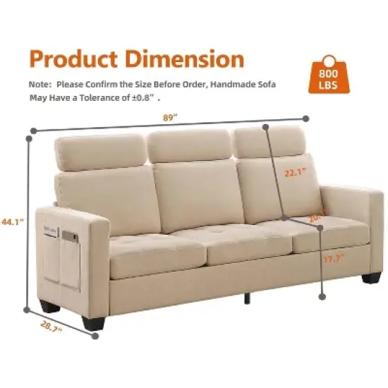 3 Seat Sofa Couch, 89'' Chenille Fabric Upholstered Sofa with Wide Armrest and Removable Headrest, Comfy Couches with Side Storage Pockets image {1}
