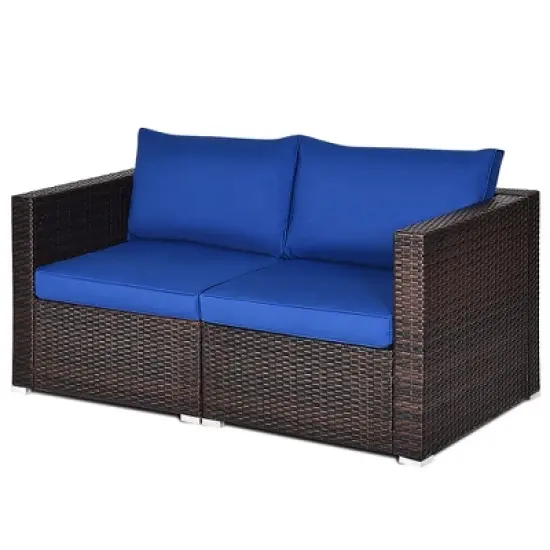 Costway 4PCS Patio Rattan Corner Sofa Sectional Furniture Set Navy Cushion image {3}