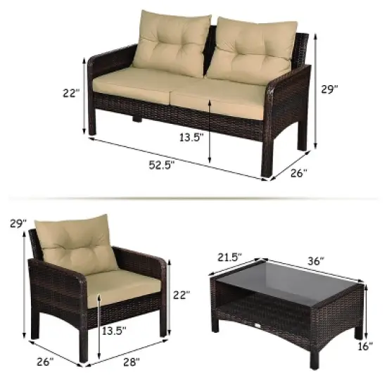 Costway 4PCS Patio Rattan Furniture Set Loveseat Sofa Coffee Table Garden W/ Cushion image {3}