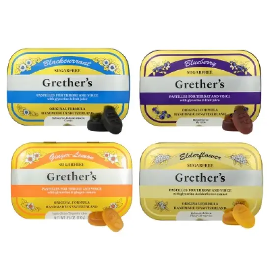 GRETHER'S Sugarfree Pastilles Ginger Lemon, Blackcurrant, Blueberry, Elderflower -Dry Mouth Relief, Soothing Throat & Healthy Voice, 4 Pack 3.75 fl oz image {8}