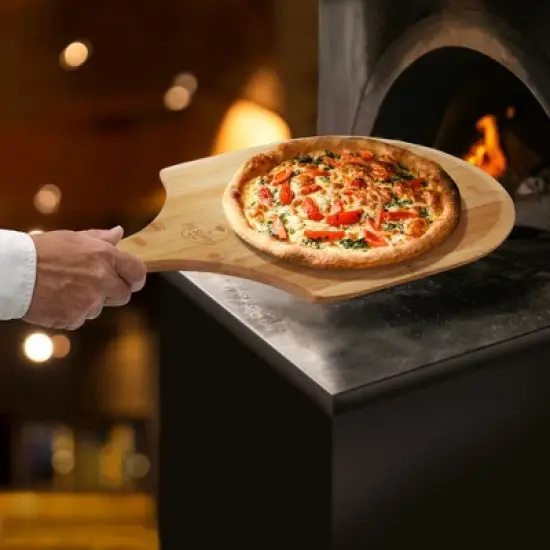 Pie Supply Bamboo Pizza Peel for Baking and Serving, Wood Paddle Cutting Board with Handle and Hanging Strap image {2}