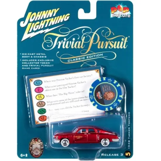 1948 Tucker Torpedo Red Maroon Met. w/Poker Chip & Game Card "Trivial Pursuit" 1/64 Diecast Model Car by Johnny Lightning image {2}