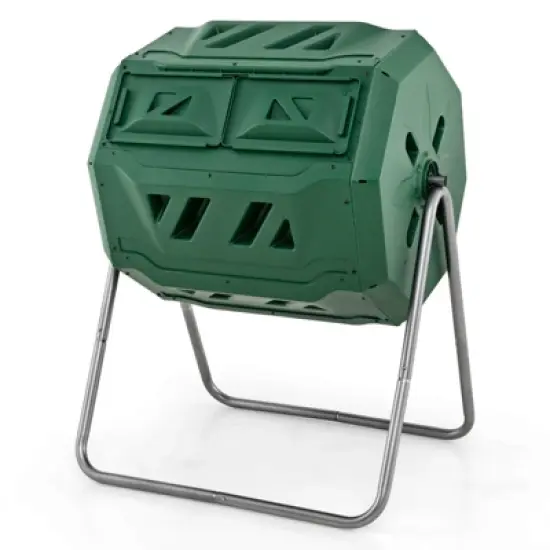 Costway 42-Gal Compost Bin Dual Chamber Composting Tumbler with 2 Sliding Doors Metal Frame Black/Green image {11}