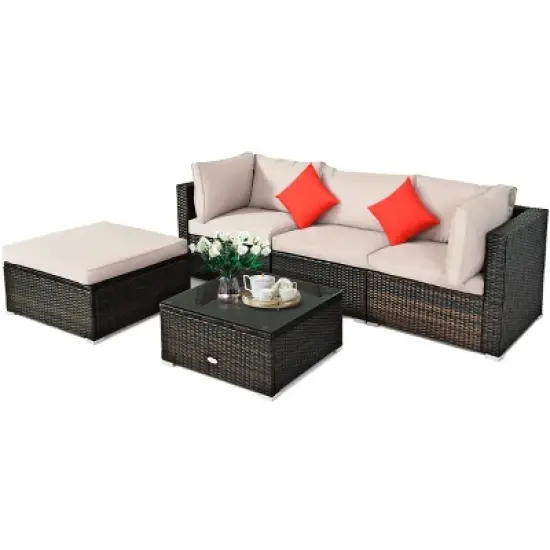 Tangkula 5-Piece Outdoor Patio Sectional Rattan Wicker Sofa Set w/ Cushion image {6}