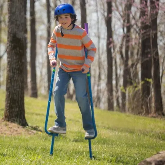 HearthSong Adjustable Ergonomic Amazing Feats Kids Stilts with Treaded Foot Rests, Arced Feet, and Foam Handles, Blue image {8}