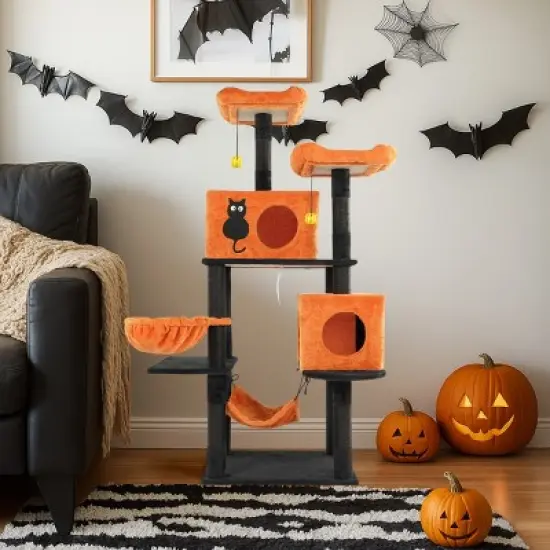 FURNIinspire Pet Tower Halloween Tall Cat Tree Cute Large Cat Tower Stand Multi-Level Cat Activities Furniture Indoor, Orange, 23.23"*17.27"*60.45" image {5}