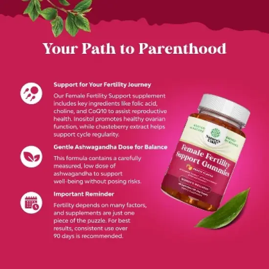 Female Fertility Support Gummies, Support Conception & Hormonal Balance with Myo-Inositol Folic Acid & Vitex Chasteberry, Peach, Nature's Craft, 60ct image {3}