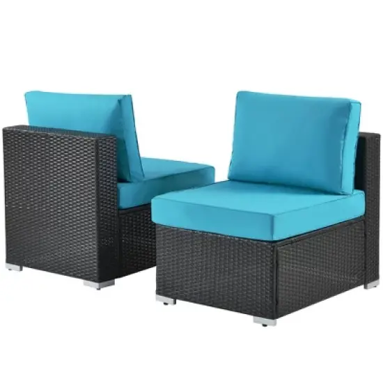 7pc Wicker Patio Conversation Set with Pillows & Cushions - Espresso/Blue - GODEER image {7}