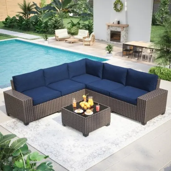 6-Piece All-Weather Sectional Patio Sofa Set, Rattan Wicker Couch Set with Glass Coffee Table for Backyard, Garden, or Balcony image {8}