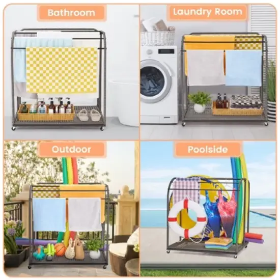 ODK Towel Rack, 5 Bar Pool Towel Rack with Rattan Base, Outdoor Towel Rack, Storage Organizer with Compartment for Outdoor/Indoor image {6}