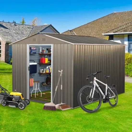 APRILSOUL 114.57"Outdoor Metal Storage Shed with meatl foundation image {10}