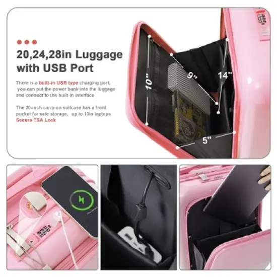 Gulches Luggage Set of 4  with front opening design Airline Certified Carry on Luggage with Cup Holder, ABS+PC Hard Shell Luggage (20"+24") , Pink image {5}