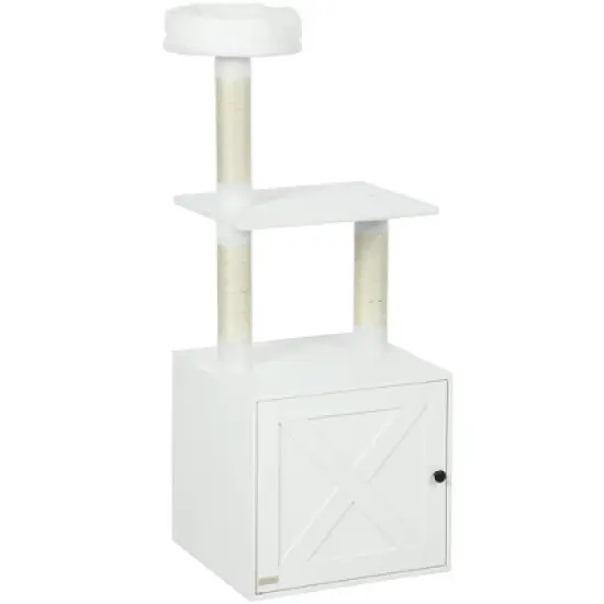 SKYONE White 3-Tier Cat Tree with Litter Box Enclosure, Scratching Posts, Climbing Platform & Top image {8}