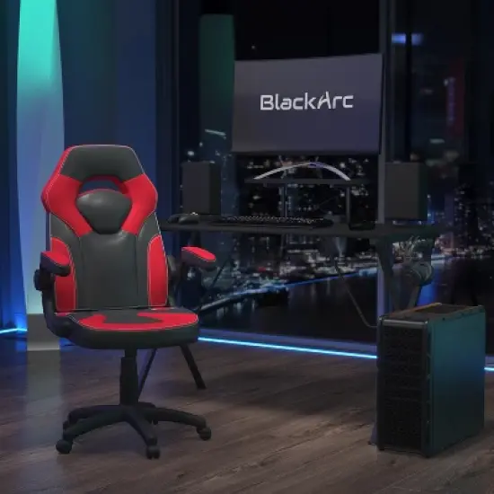 BlackArc Gamma Gaming Desk & Chair Set - Black & Red High Back Gaming Chair with Flip-Up Arms; Desk with Detachable Headphone Hook/Cupholder image {1}