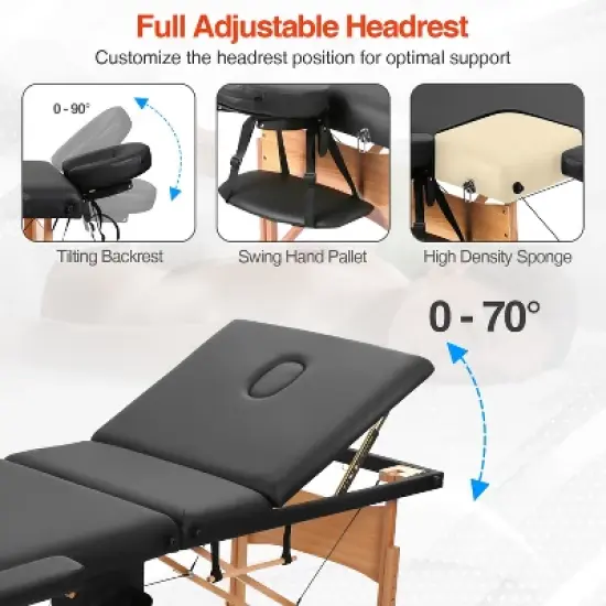 BestMassage Massage Bed Portable 3-Fold Massage Table 28" Wide Height Adjustable Spa Table, Black image {3}