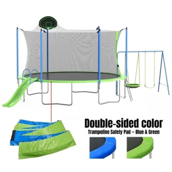 14FT Outdoor Trampoline with Net, Slide and Ladder, 2 Swings and Basketball Hoop image {3}