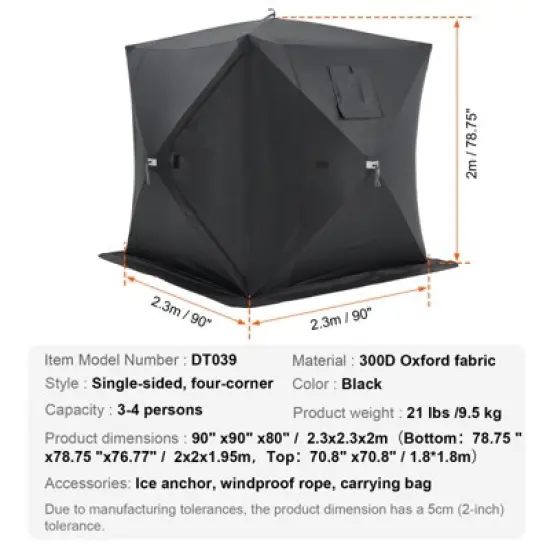 VEVOR Portable Ice Shelter, 3-4 Person Pop-Up Ice Fishing Tent, 43 Square Feet Fishable Area, Ice Shanty for Winter Fishing, Waterproof Oxford image {7}