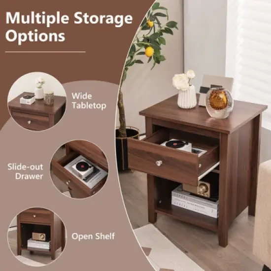 Costway Nightstand Bedside Table with Drawer & Open Shelf for Living Room Bedroom Walnut/Brown image {6}
