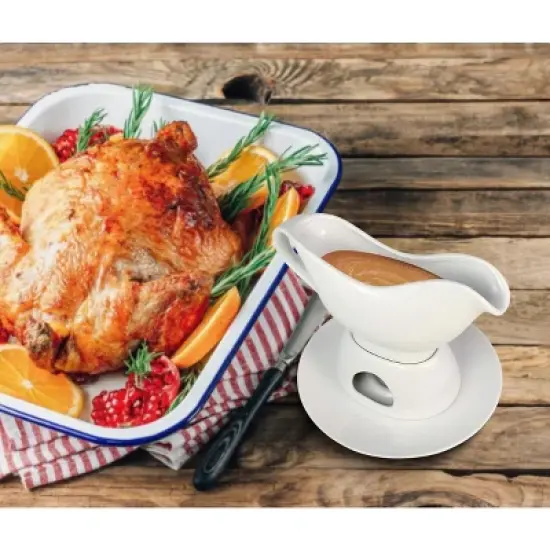 KOVOT 12 Ounce Gravy Boat, Warming Stand & Tray | Ceramic White Gravy Dish With Tealight Warming Option image {1}