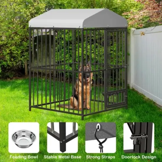 Outdoor Dog Kennel, 4x4x6 Ft /8 x 4 x 6 FT Metal Dog Kennel with Roof, Safety Lock & Rotating Feeder, Suitable for Dogs, Cats, Chickens, Rabbits image {6}